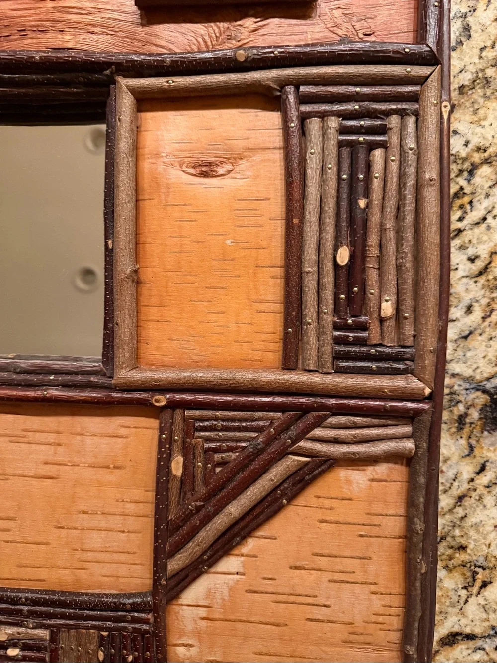 Rustic Geometric Wood Twig Wall Mirror - Brown
